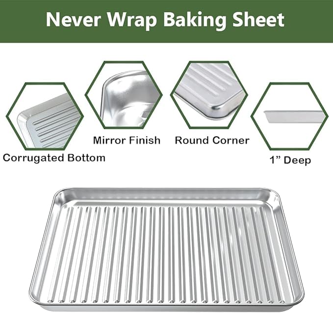 Half Baking Sheet Pan Cooling Rack Set, Stainless Steel 2 Pans + 2 Racks
