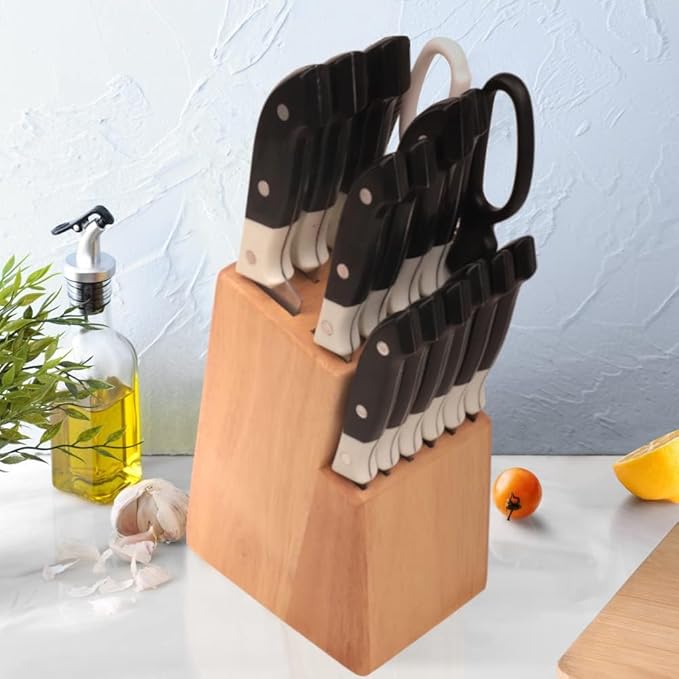 Kitchen knife holder elegant & sturdy (15 slots). Universal knife block with slots for knives, scissor and sharpenner. Knife Block without Knives. Kitchen knife holders for counter top. (Rubber Wood)