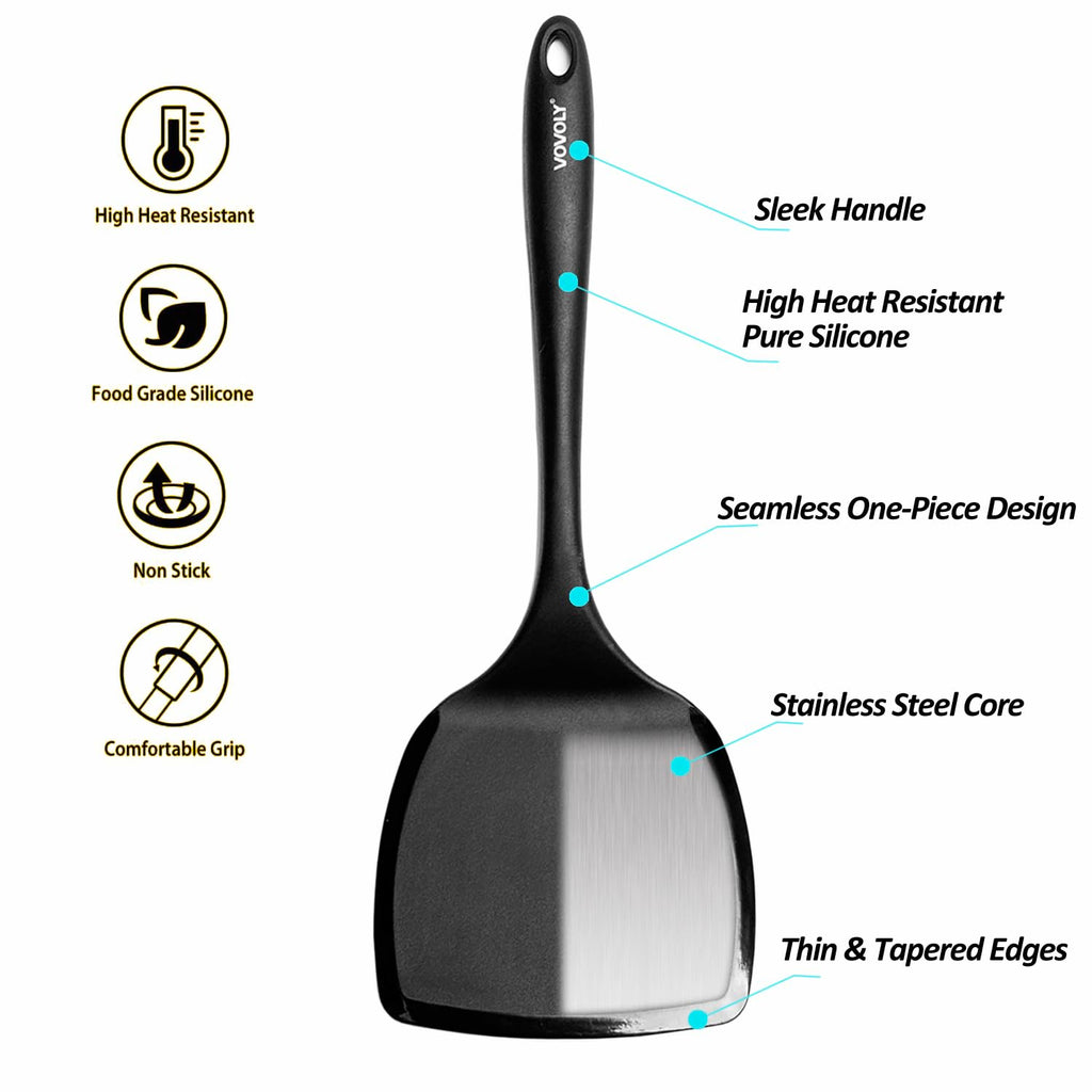 Silicone Pancake Spatula Turner with Lengthened Handle& Seamless Design, Heat Resistant Cooking Spatulas for Nonstick Cookware, Large Flexible Kitchen Utensils, Flipper for Egg, Pancake, Burger, Black