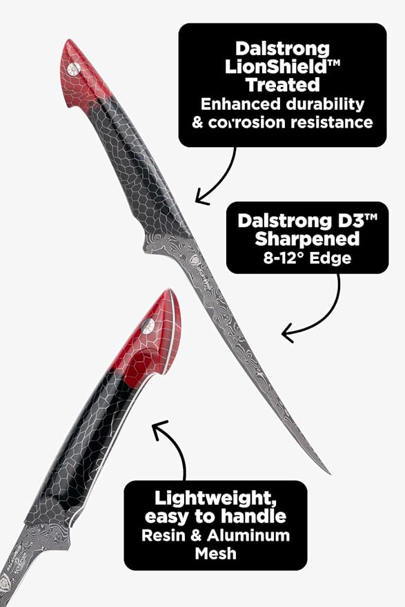 Dalstrong 7" Fillet Knife — V12 Ultra™ Steel — Hardest Build — For Filleting Fish, Boning & Precision Protein Work — Black & Red Damascus, Honeycomb Handle, Scorpion, customer support