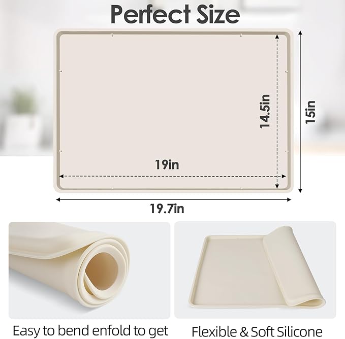 Silicone Coffee Maker Mat with Lip for Countertops, 19.7''x15'' Cream White
