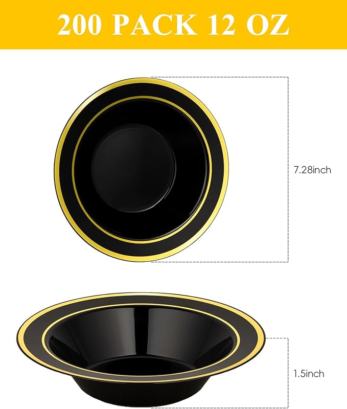BESTSTAR 200 Pack Black Disposable Bowls with Gold Rim