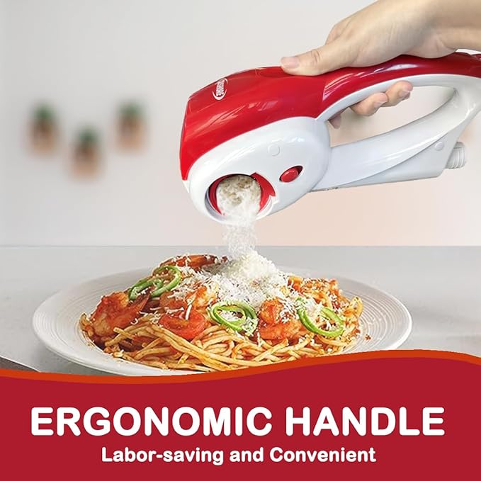 Cushore Electric Hard Cheese Grater, Model CES03D, Red, Stainless Steel, Automatic, Cordless, 3 Interchangeable Blades, Easy to Clean