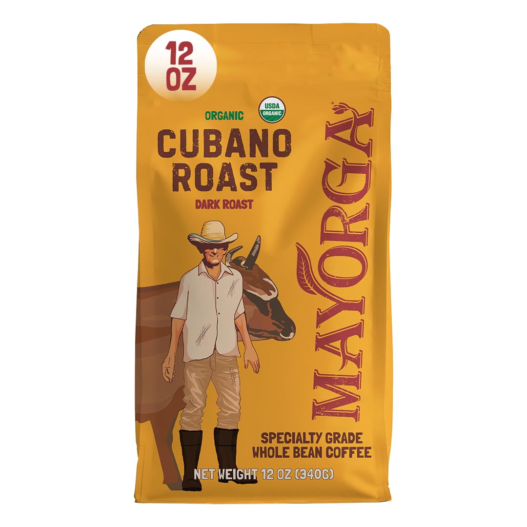 Mayorga Organic Coffee 12oz Cafe Cubano Roast - Dark Roast Whole Bean Coffee Specialty Grade, 100% Arabica, Slow Roasted, Bold and Smooth Flavor with Low Acidity - USDA Organic, Non-GMO, Kosher,