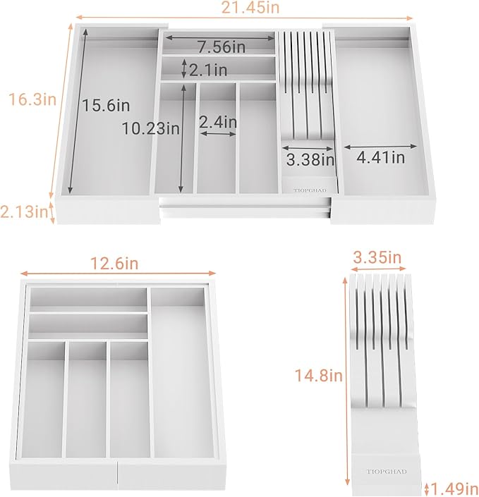 TIOPGHAD Expandable Bamboo Silverware Drawer Organizer Kitchen Tray, White