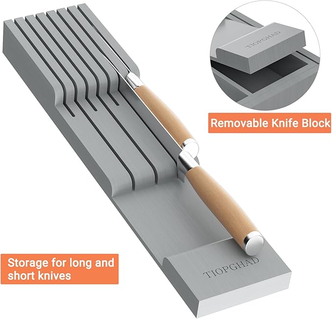 TIOPGHAD Expandable Bamboo Silverware Drawer Organizer Kitchen Tray, Grey