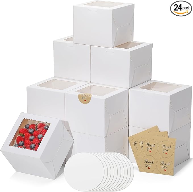 EQOREIIN 24Pack 6 inch Small Cake Boxes with Cake Board and Stickers