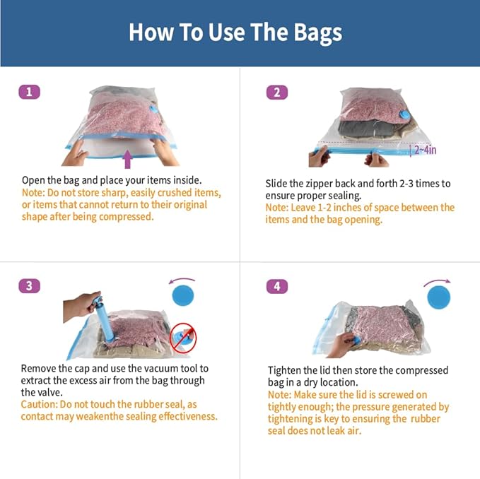 Vacuum Storage Bags Jumbo 7 Pack Hand Pump, 80% Space Saver Vacuum Seal Bag