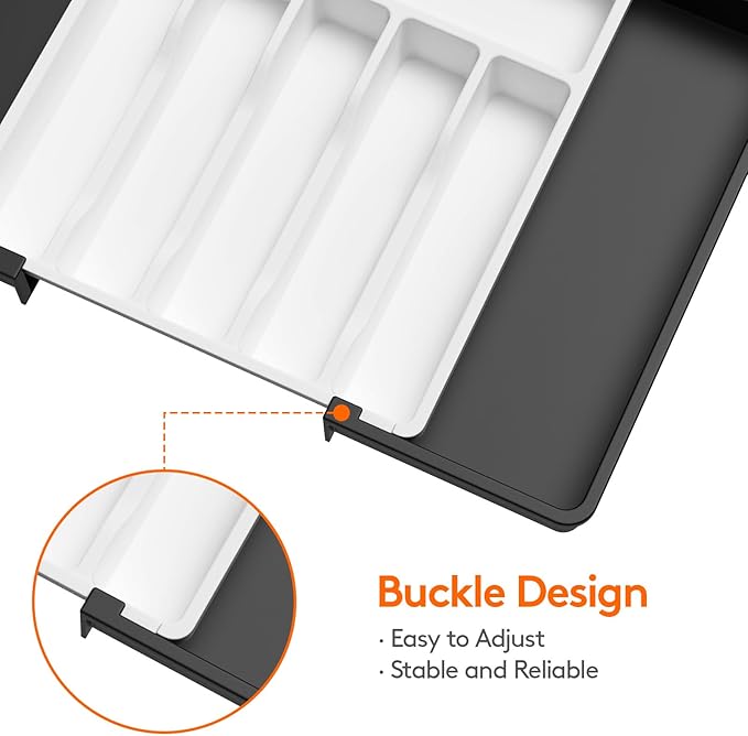Lifewit Extra Large Silverware Drawer Organizer, Expandable Utensil Tray for Kitchen, BPA Free Flatware Cutlery Holder, Adjustable Plastic Storage for Spoons Forks Knives, 13-22 x 15, White&Black