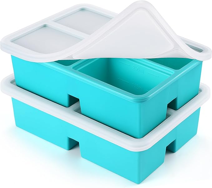 BIONMAPLE Silicone Freezer Trays With Lid - Silicone Soup Freezer Molds, Soup Freezer Containers For Freezing & Storing Soup, Sauce, Broth, and Leftovers - 1 cup silicone freezer molds - 2 Pack