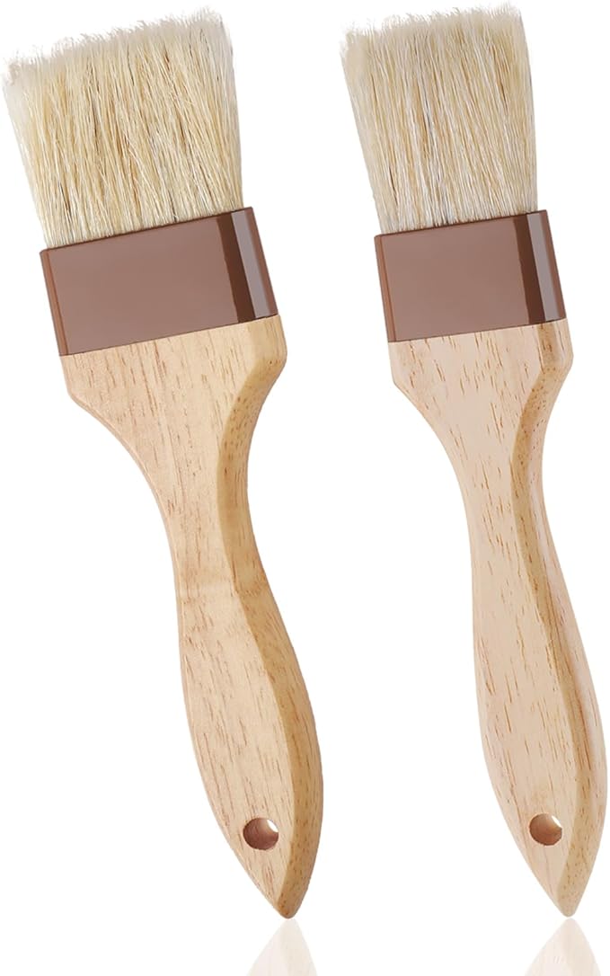 2 Pcs Natural Bristle Pastry Brush, Beech Wooden Handle Basting and BBQ Brushes for Cooking, Butter, Oil, Marinade, Grilling & Baking, Kitchen Food Brush (1.5 inch & 2 inch)