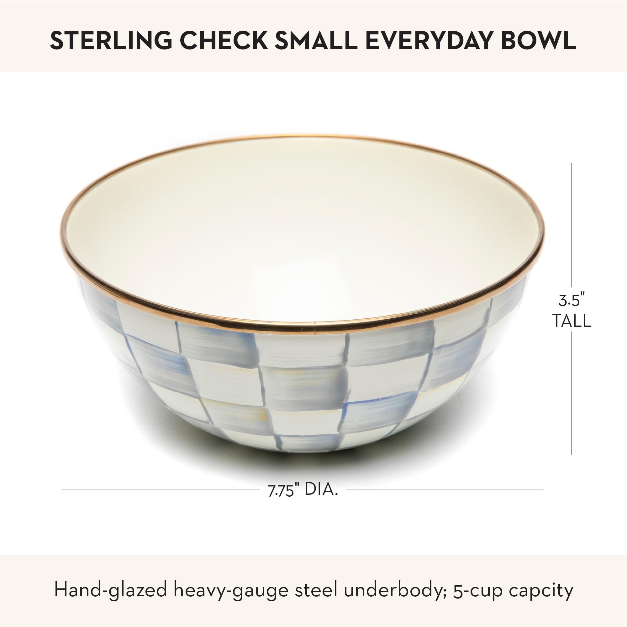 MACKENZIE-CHILDS Enamel Everyday Bowl, Serving Bowl for Entertaining, Small, Gray-and-White Sterling Check, Set of 1