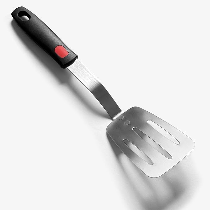 Stainless Steel Spatula, Flexible Metal Slotted Turner for Cast Iron Skillet, Thin Blade and Heat Resistant Silicone Handle, Great for Egg, Cookie, Meat, Crep, Small