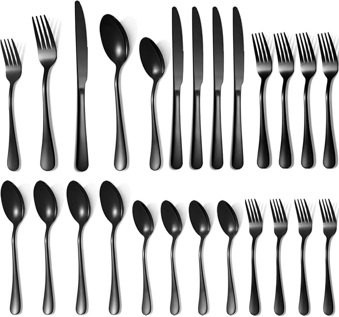 20 Pcs Black Silverware Set for 4, Food Grade Stainless Steel Flatware Set, Eating Utensils Sets Include Fork/Knife/Spoon, Reusable Cutlery Set for Home Kitchen, Dishwasher Safe, Round Edge