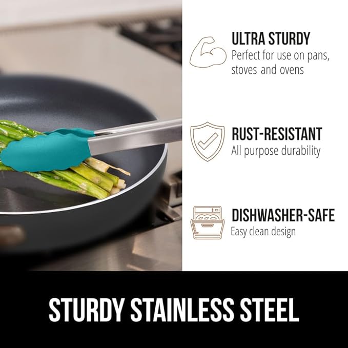 GORILLA GRIP Stainless Steel BPA-Free Kitchen Tongs for Cooking, 9+12 Inch, Heat Resistant BBQ Tong Set of 2, Non Scratch Silicone Tip for Pan, Strong Grip, Grab Food, Toss Salad, Pull Lock, Turquoise