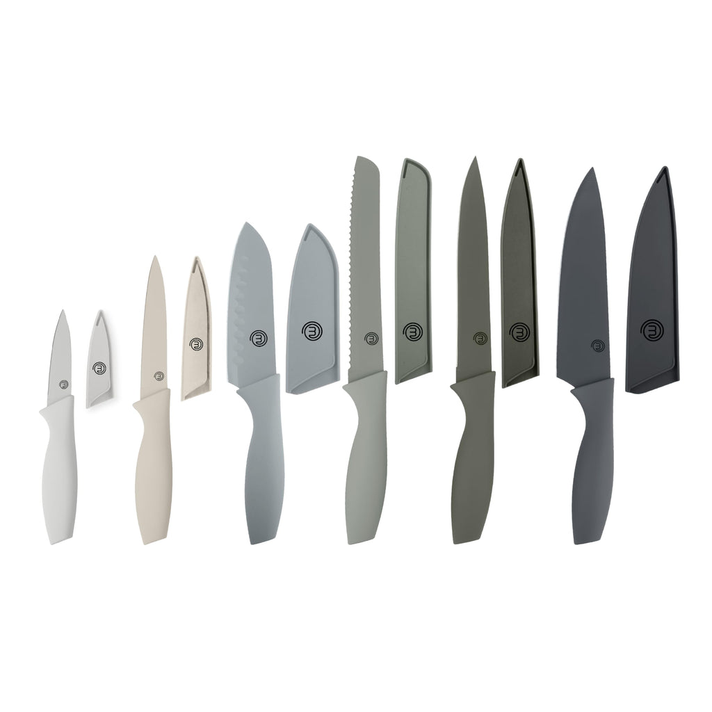 MasterChef Kitchen Knife Set with Covers, 6 Professional Chef Knives for Home Kitchens, Extra Sharp Cutting Stainless Steel Blades & Protective Sheaths, Soft-Touch Easy-Grip Handles, Earth Greys