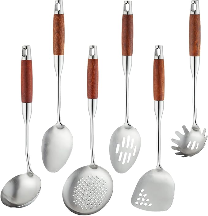 Izurok 18/10 Stainless Steel Kitchen Utensils Set,6 Piece Cooking Utensils With Wood Handle,Heat Resistant Kitchen Tool Set With Spatula, Spoon, Ladle, Skimmer, Slotted Spoon, Pasta