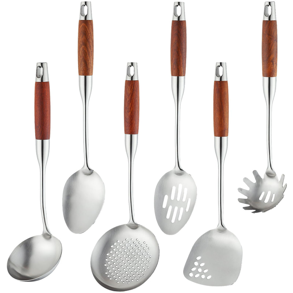 Izurok 18/10 Stainless Steel Kitchen Utensils Set,6 Piece Cooking Utensils With Wood Handle,Heat Resistant Kitchen Tool Set With Spatula, Spoon, Ladle, Skimmer, Slotted Spoon, Pasta