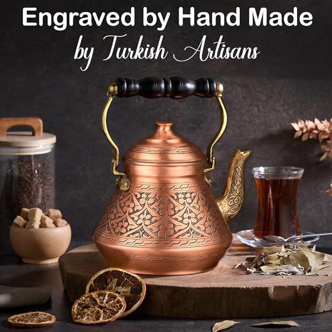 Vintage 100% Solid Pure Copper Turkish TeaPot Tea Pot Kettle for Stovetop Stove Top Traditional Decorative Fancy Arabic Moroccan Party Hammered Kitchen Antique Handmade Unique Style Gooseneck Gift