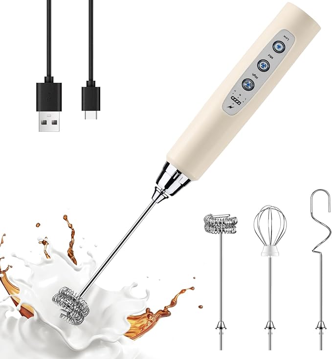 YUSWKO Handheld Milk Frother Wand for Coffee, Rechargeable Electric Whisk with 3 Heads 3 Speeds Drink Mixer Coffee Frother For Latte, Cappuccino, Hot Chocolate, Egg, Beige