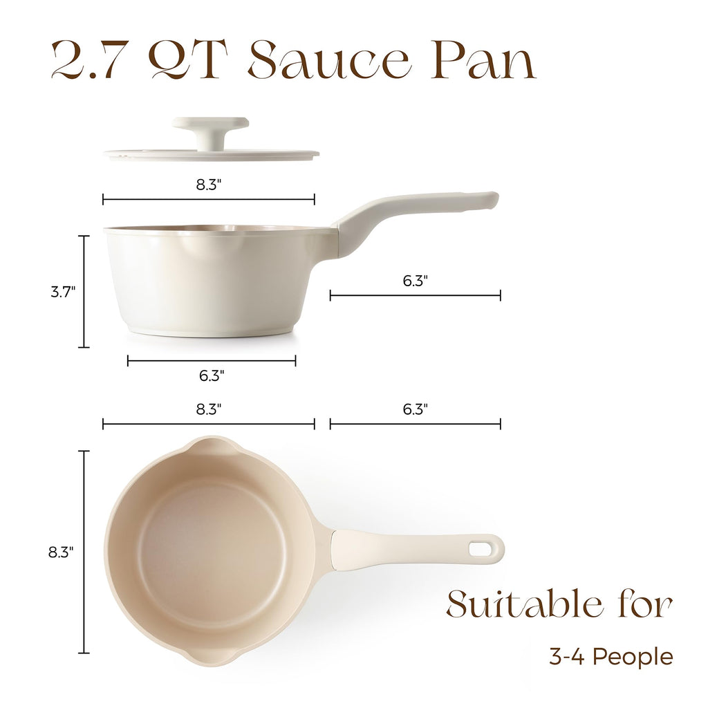PRICUSIS Ceramic Nonstick Saucepan with Lid, 2.7 Quart Non Toxic Pot with Pour Spouts, Full Coated, 100% Dishwasher Safe, Induction Compatible, PTFE PFAS & PFOA Free, Coconut White