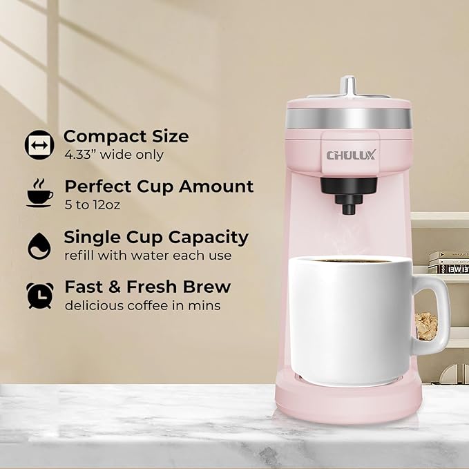 CHULUX Mini Single Serve Coffee Maker for K Cup, Fast Heating, Dusty Rose