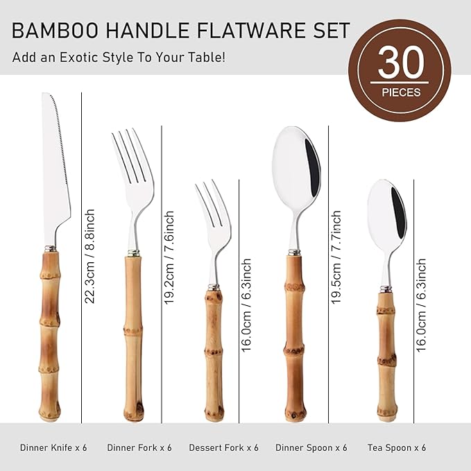 Uniturcky 30PCS Silverware Set for 6, Bamboo Handle Flatware Set, Stainless Steel Cutlery Set for Home Restaurant and Party, Bamboo Forks Spoons and Knives Set, Polished Tableware