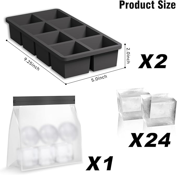 Samuelworld Large Silicone Ice Cube Tray Molds, 3-Pack, Big 2 Inch Cubes - Food Grade, Flexible, 8 Cavity Easy Release Slow Melting Ice for Whiskey, Cocktails, Gifts & Christmas - Black（Ice Bag）