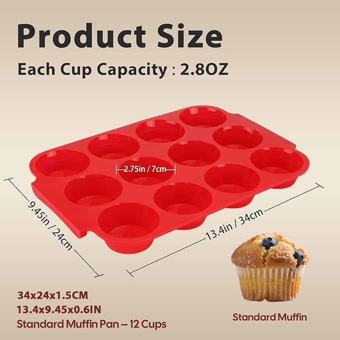 Jalopink Silicone Muffin Pan for Baking - Premium 12-Cup Nonstick Muffin Pan, Easy Release & Clean, Dishwasher Safe Muffin Tray for Perfect Cupcakes, Muffins & More.