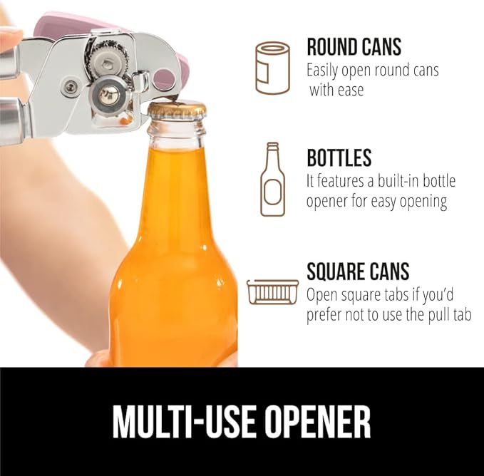 GORILLA GRIP Original Model Stainless Steel Smooth Edge Manual Can Opener and Bottle Openers, US Designed, Comfortable Handle, Oversized Handheld Turn Knob, Multifunctional Kitchen Tool, Pink
