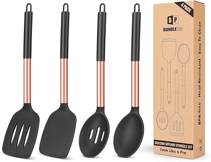 Pack of 4 Silicone Cooking Utensils Set, Non Stick Large Solid Spatulas, Heat Resistant Gray Slotted Spoons, Ideal BPA Free Kitchen Turners for Frying, Mixing,Serving,Draining,Turning,Stirring