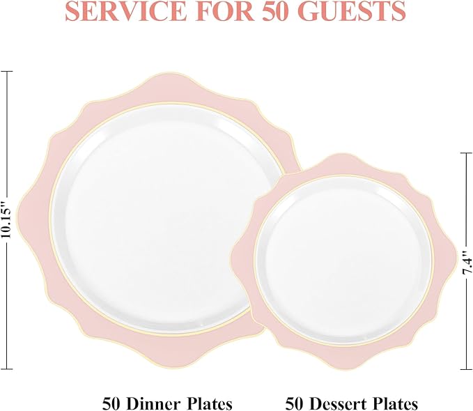realluck 100Pcs White & Pink Plastic Plates for 50 Guests