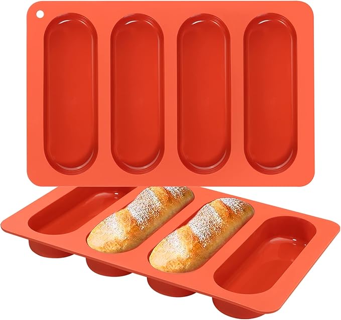 Webake 6 Inch Hot Dog Bun Pan, 2 Pack SIlicone Hotdog Bun Molds Nonstick Bread Forms, Mini Baguette Sandwich Baking Tray for Sub & hoagie roll