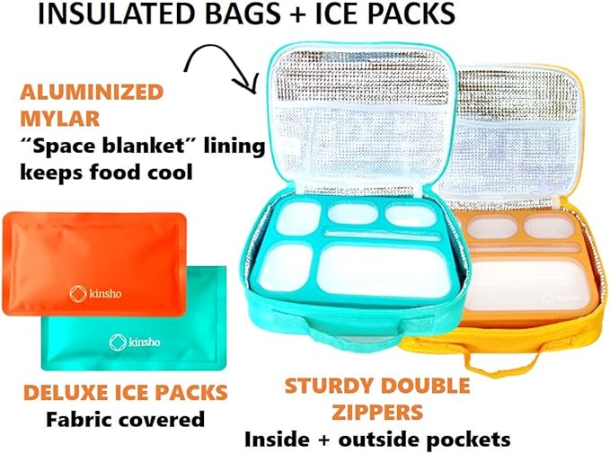 kinsho Bento Lunch Box, Ice Pack Insulated Bag for Kids Boys, Teal + Orange