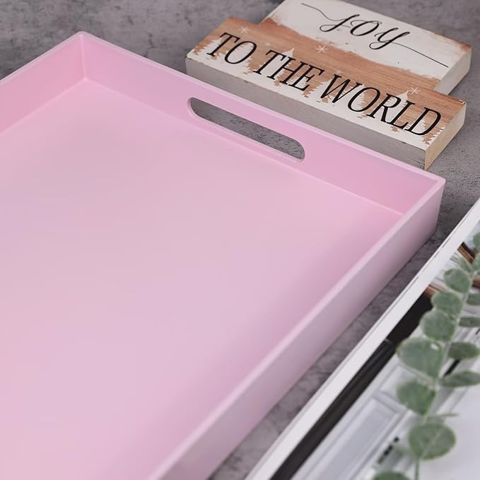 SforGUVA Pink Serving Tray for Coffee Table, Rectangular Plastic Decorative Tray with Handles for Entertaining, Outdoor Patio, Living Room, Ottoman, Bathroom Counter, 11.8”*15.7”*1.6”
