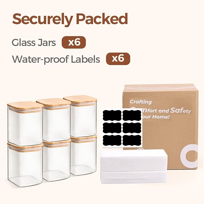 ComSaf Glass Jars with Bamboo Lids 0.8 Qt, Set Of 6 Pantry Galss Jars