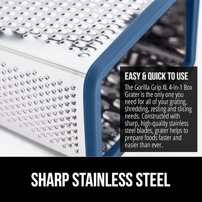 GORILLA GRIP® XL 4-Sided Stainless Steel Cheese Grater With Measurement Container, BPA-Free Box Grater, Slip Resistant Base, Grate Hard Parmesan, Shred Veggies, Zest Citrus, Dishwasher Safe