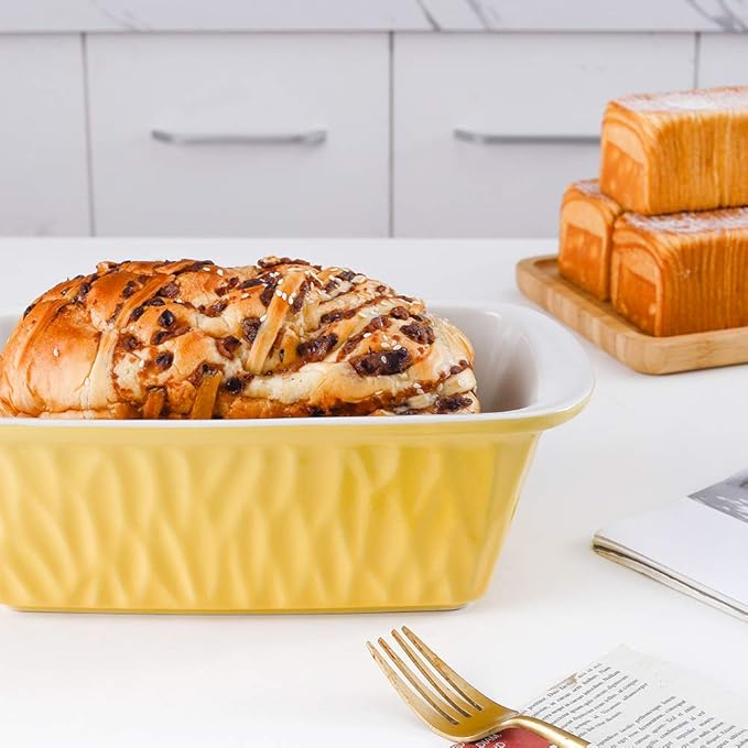 KOOV Ceramic Loaf Pan, Bread Baking Pan, 9 x 5 inch Baking Dish, Rectangular Bakeware for Cooking, Home Kitchen, Texture Series(Yellow)