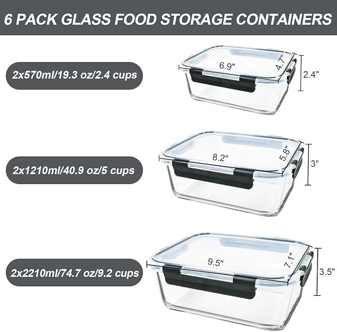 M MCIRCO 6 Pack Extra Large Glass Food Storage Containers with Lids