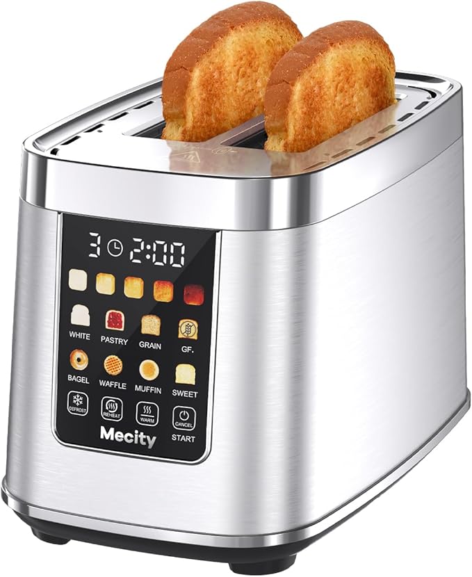 Mecity Motorized Toaster 2 Slice with Touch Screen, Stainless Steel Smart Toaster, 8 Bread Types, 5 Shade Levels, 1200W High Power, Keep Warm Mode, Reheat Defrost Functions, 120V
