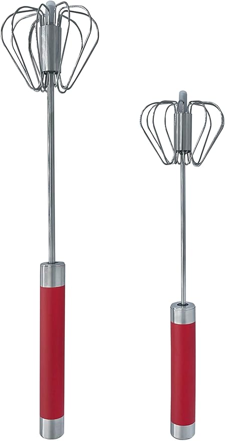 Balevi Stainless Steel Push Whisk - Easy to Use Manual Hand Mixer & Plunger Whisk - Make Froth, Foam & Whipped Cream - Semi Auto Egg Beater Plastic Tip Won’t Scratch Pans (2 Pack 10in & 12in) RED