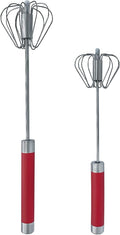 Balevi Stainless Steel Push Whisk - Easy to Use Manual Hand Mixer & Plunger Whisk - Make Froth, Foam & Whipped Cream - Semi Auto Egg Beater Plastic Tip Won’t Scratch Pans (2 Pack 10in & 12in) RED