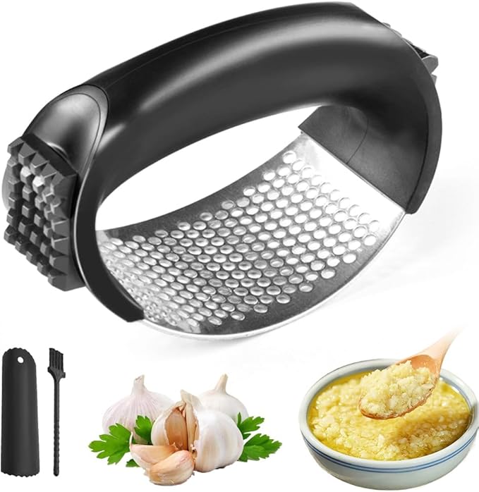 Stainless Steel Garlic Press Rocker, 2025 New Garlic Mincer and Garlic Crusher, Easy-Squeeze Garlic Tool with Peeler and Cleaning Brush for Smashing Garlic (1 Set)