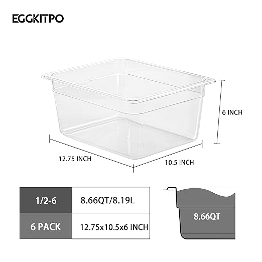 EGGKITPO Half Size Food Containers 6 Pack 6 Inch Deep Hotel Pan Clear BPA free Polycarbonate Stackable Food Storage Container for Kitchen Business and Food Serving