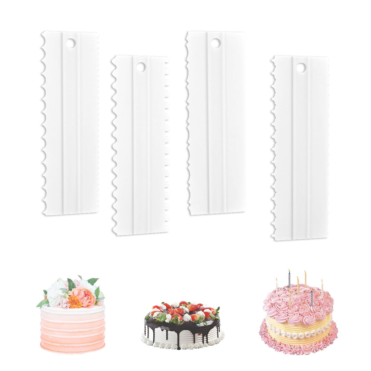 EKIND Cake Scraper Set Double Sided Icing Smoother Long Edge Buttercream Spatula Comb for Decorating Mousse Pastry Tools Baking Supplies(4 Pcs White)