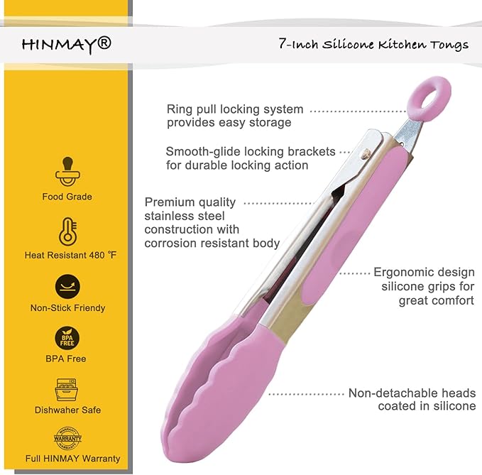HINMAY Small Serving Tongs with Silicone Tips 7-Inch Mini Tongs, Set of 3 (Pink)