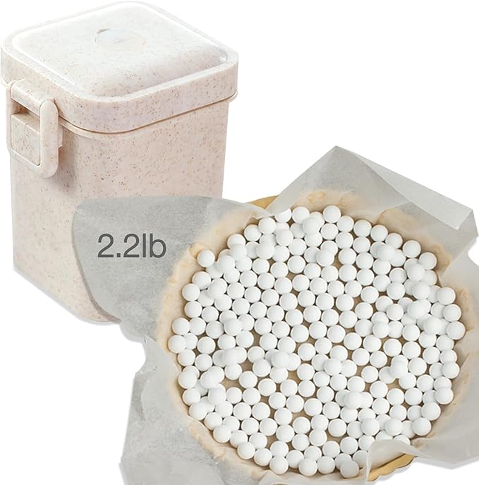 Hommtina 2.2Lb Ceramic Pie Weights Baking Beans Pie Crust Reusable 10mm Weights Natural Ceramic Stoneware with Wheat Straw Container (35 Oz Total) (White)