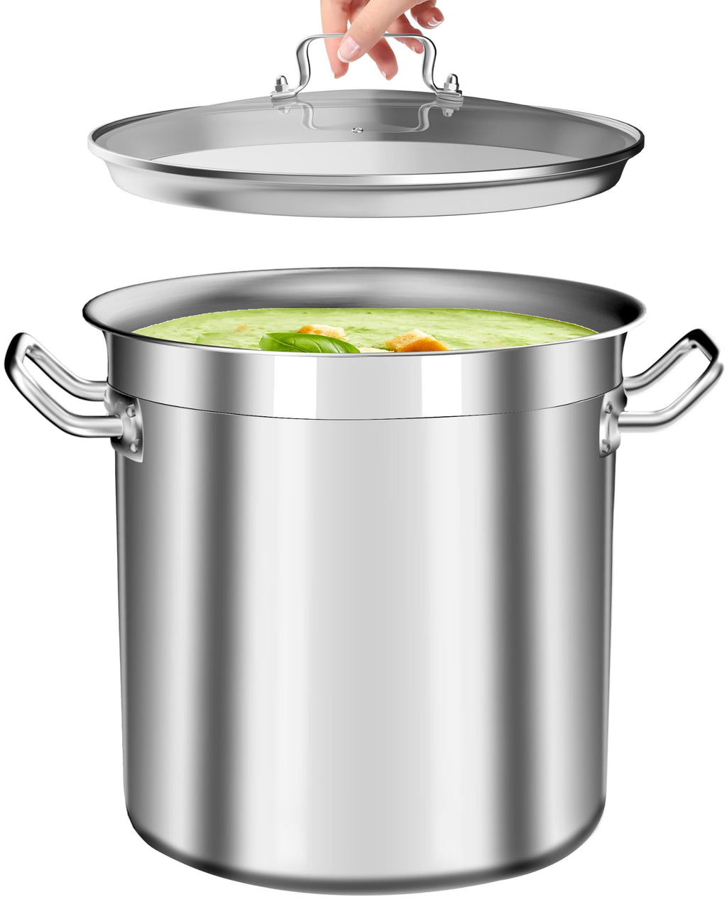 Large Stock Pot 20 Quart - Commercial Grade Soup Pot With Glass Lid - Nickel Free Stainless Steel Cookware - Healthy Polished Stockpots - Heavy Duty Induction Pots