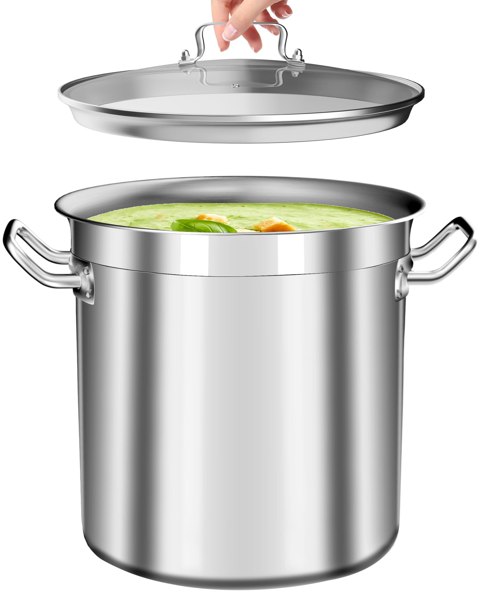 Large Stock Pot 20 Quart - Commercial Grade Soup Pot With Glass Lid - Nickel Free Stainless Steel Cookware - Healthy Polished Stockpots - Heavy Duty Induction Pots