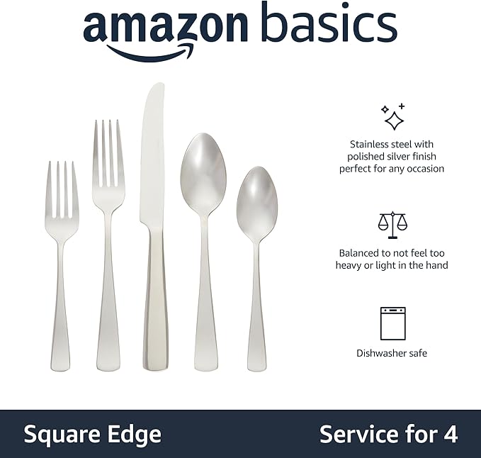 Amazon Basics 20-Piece Stainless Steel Flatware Set with Square Edge, Dishwasher Safe, Simple Design, Service for 4, Silver